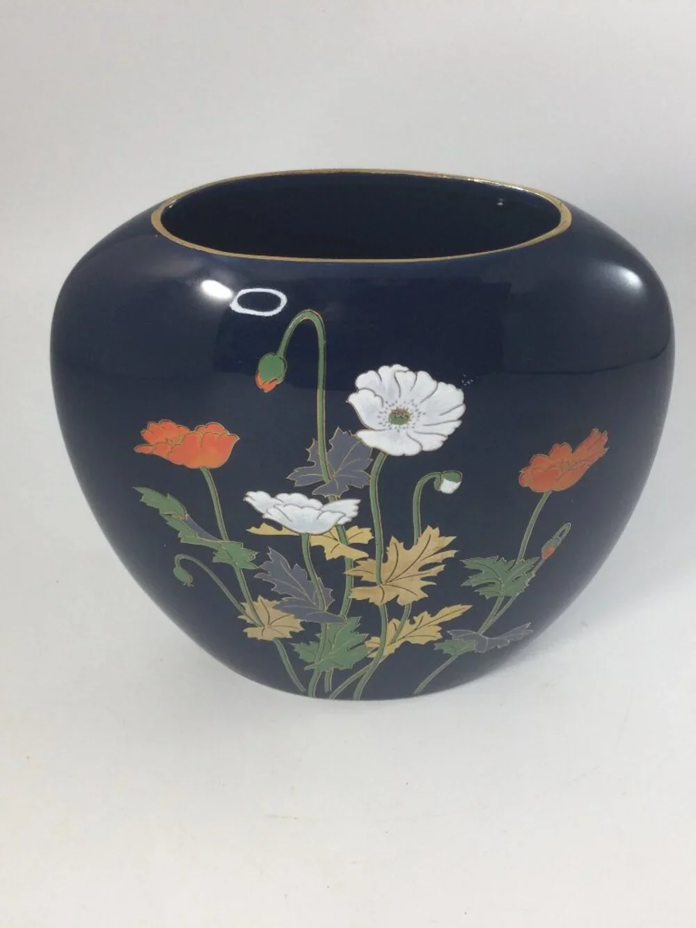 Toyo Yamaji Japan Porcelain Squat Vase Hand painted Floral Midnight Blue 6.5
